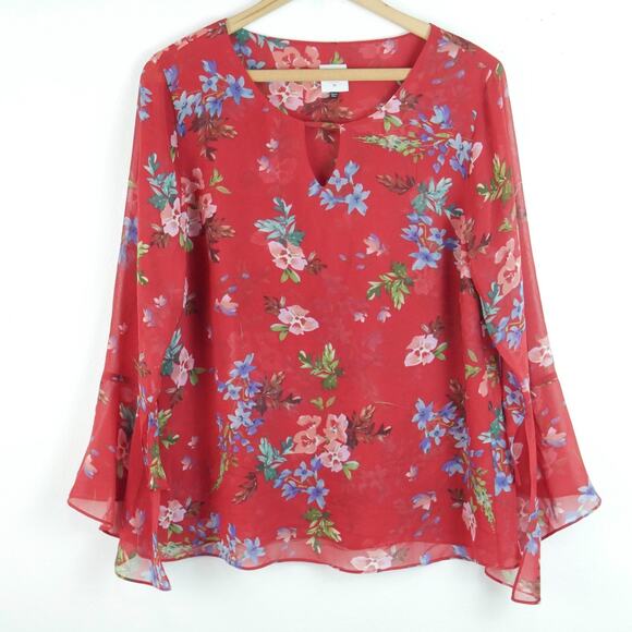 Cabi Devoted Blouse Medium Red Floral Chiffon Bell Sleeve Feminine Romantic - Picture 1 of 8